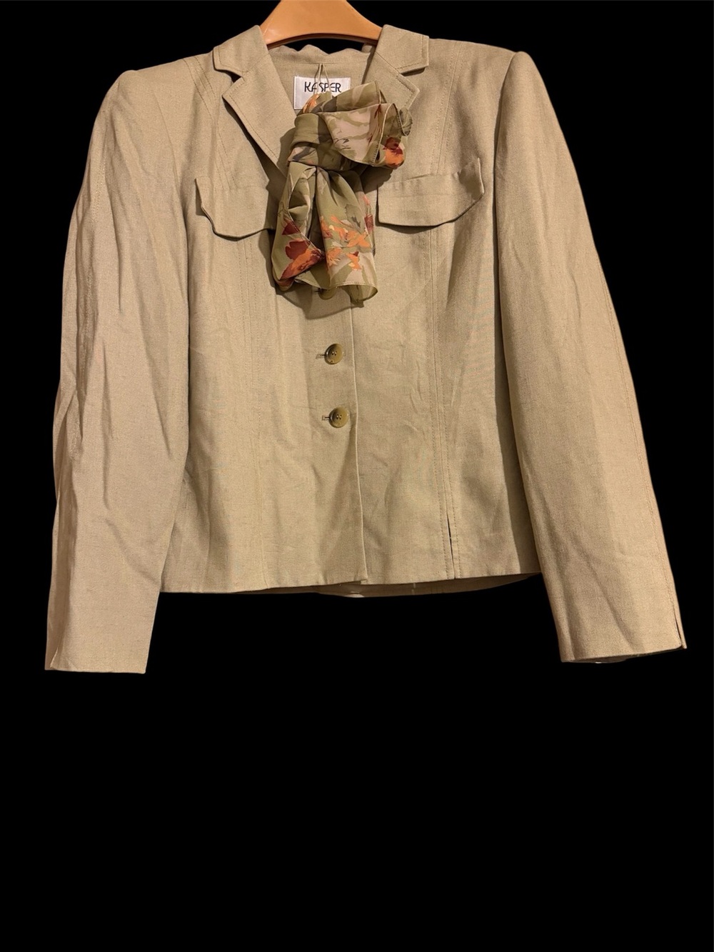 Kasper Women's Beige Blazer Jacket with Floral Scarf Accent
